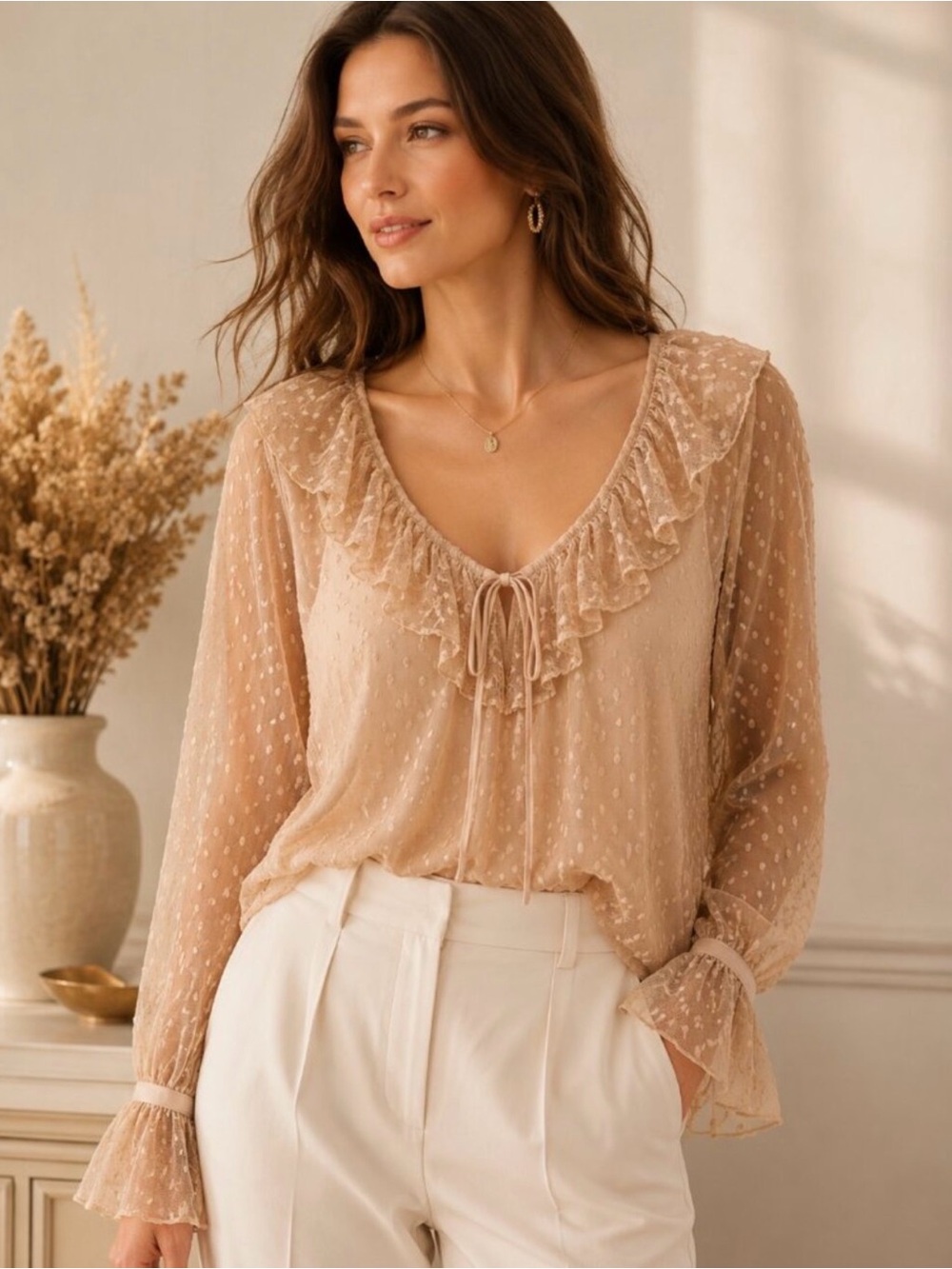 J.Crew Ruffleneck top in clip dot Blouse Tan Beige BD756 Size Large